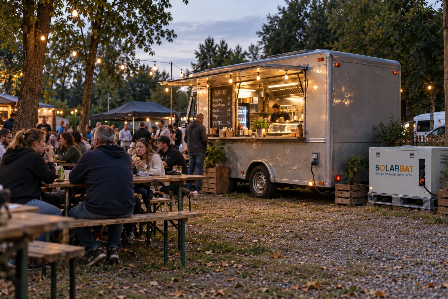Jasnoszary moduł Solarbat dyskretnie ustawiony przy foodtrucku podczas wydarzenia plenerowego